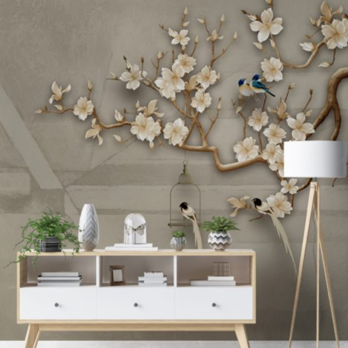 Birds with Beige Flowers