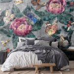 Colourful big flowers and birds