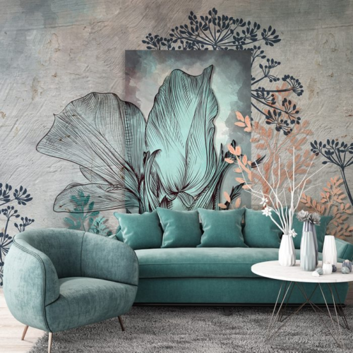 Tropical Leaves Coloured on Concrete Wall